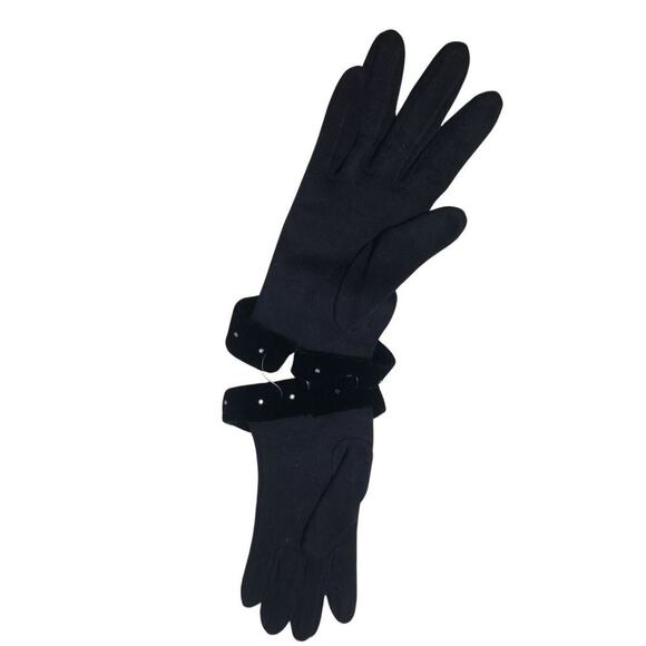 VINTAGE 50s 60s Evening Gloves Crystal Adorned Velvet Cuff Black Nylon Size S/M - Picture 3 of 3